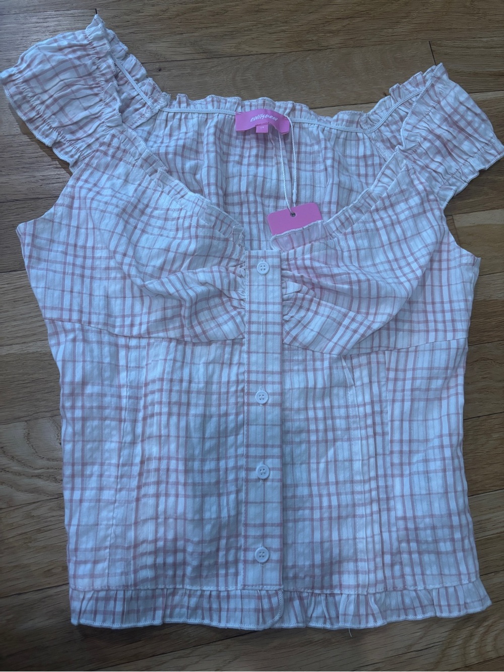 Edikted Pink and White Plaid Ruffle Button-Front Top